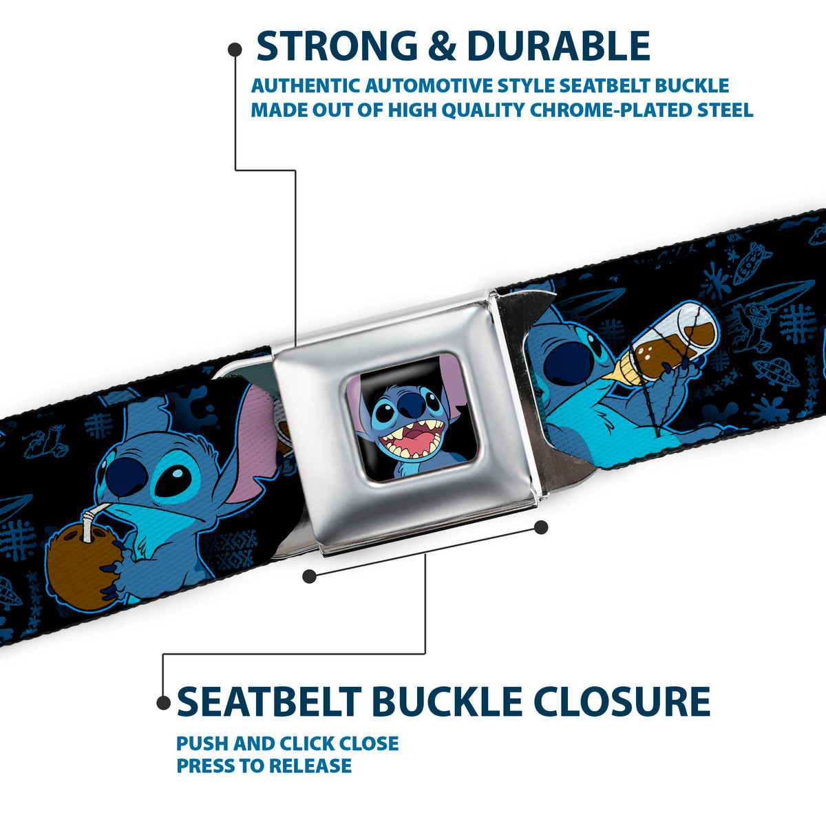 Stitch Smiling CLOSE-UP Full Color Seatbelt Belt - Stitch Snacking Poses Black/Blue Webbing Seatbelt Belts Disney
