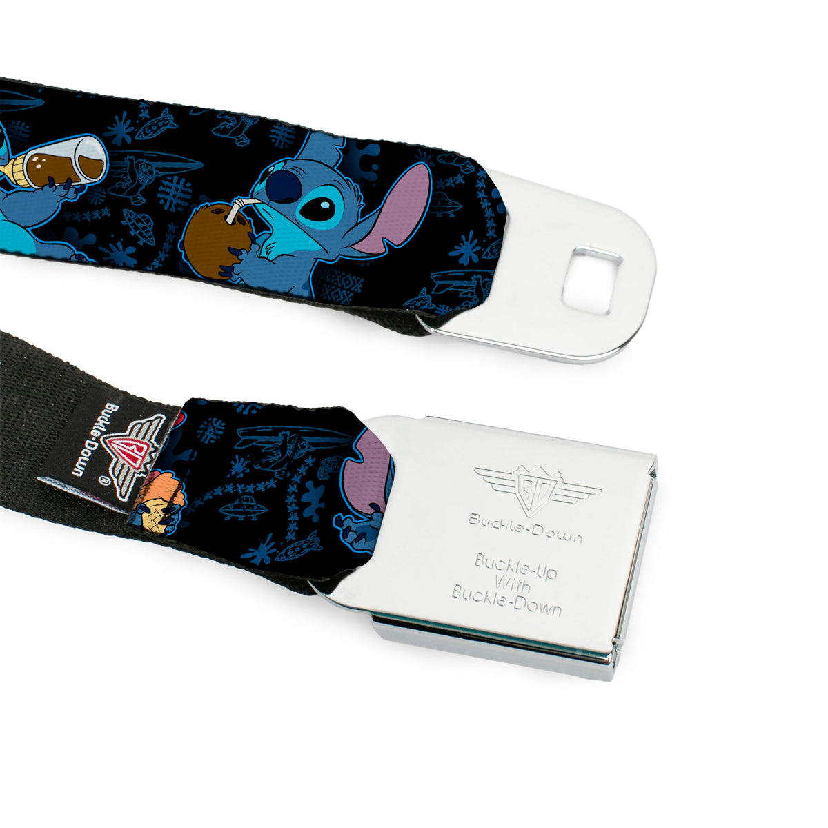 Stitch Smiling CLOSE-UP Full Color Seatbelt Belt - Stitch Snacking Poses Black/Blue Webbing Seatbelt Belts Disney