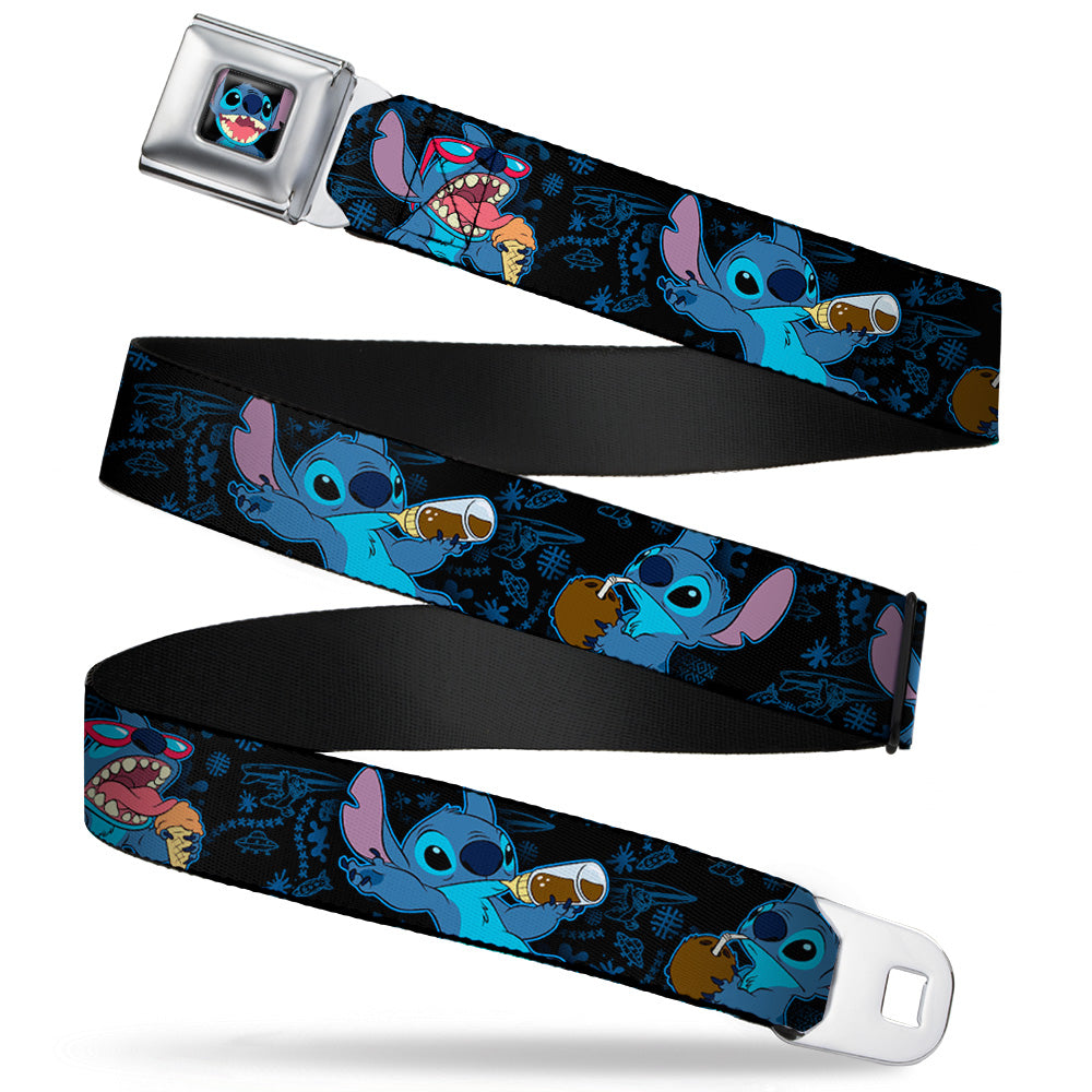 Stitch Smiling CLOSE-UP Full Color Seatbelt Belt - Stitch Snacking Poses Black/Blue Webbing Seatbelt Belts Disney