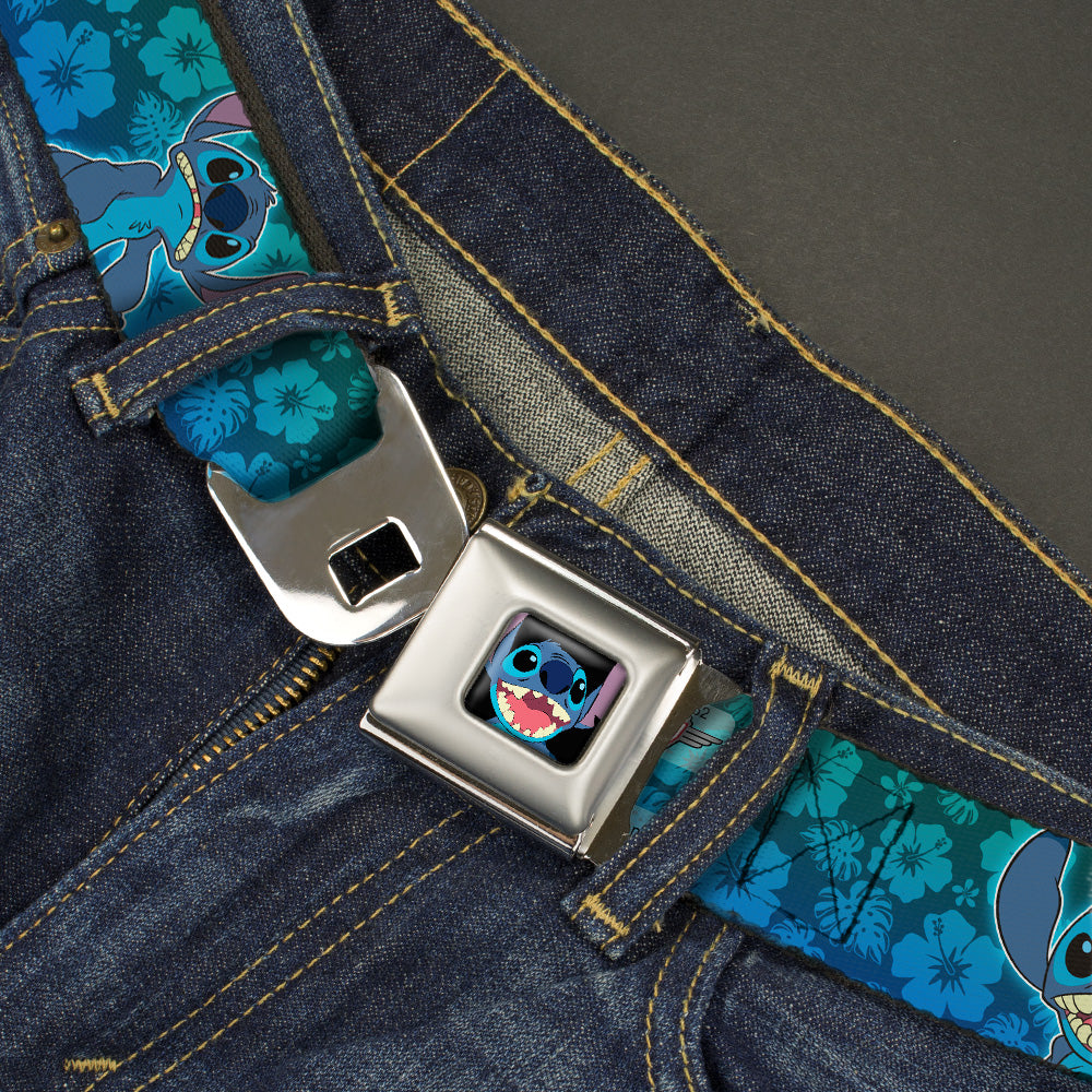 Stitch Smiling CLOSE-UP Full Color Seatbelt Belt - Stitch Expressions/Hibiscus Collage Green-Blue Fade Webbing Seatbelt Belts Disney