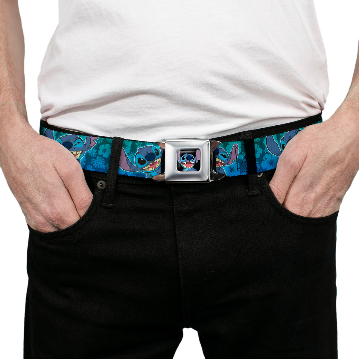 Stitch Smiling CLOSE-UP Full Color Black Seatbelt Belt - Stitch Expressions/Hibiscus Collage Green-Blue Fade Webbing Seatbelt Belts Disney