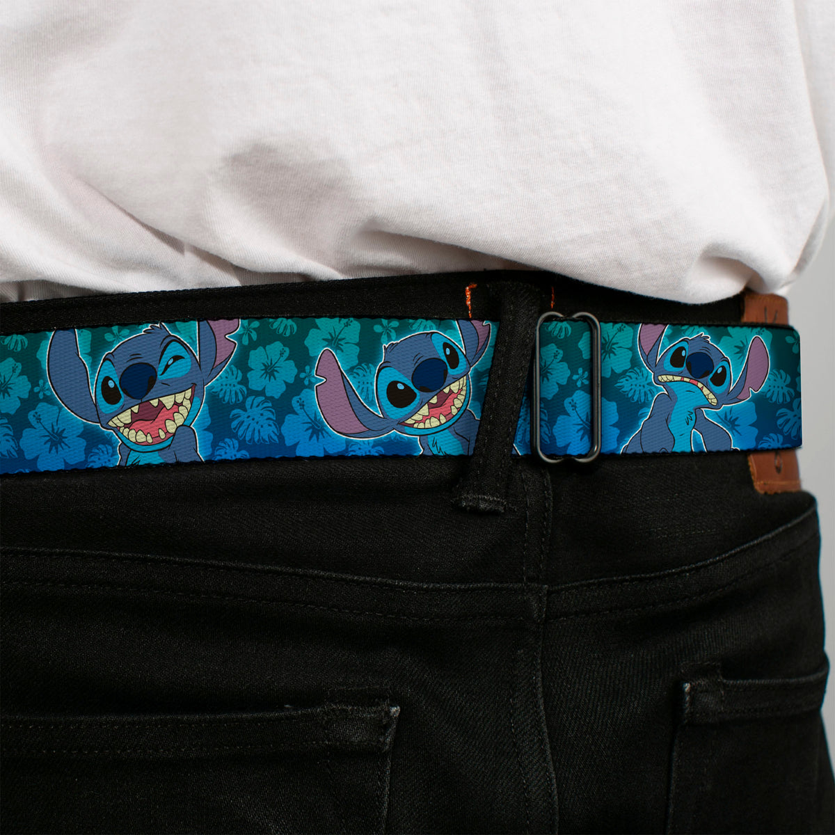 Stitch Smiling CLOSE-UP Full Color Seatbelt Belt - Stitch Expressions/Hibiscus Collage Green-Blue Fade Webbing Seatbelt Belts Disney