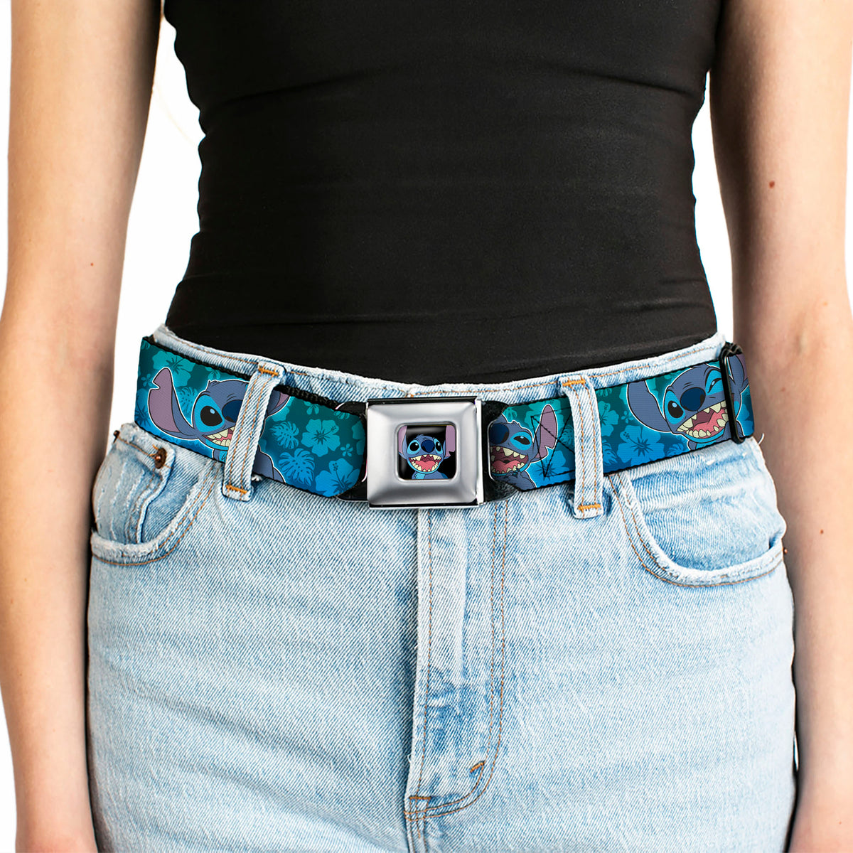 Stitch Smiling CLOSE-UP Full Color Seatbelt Belt - Stitch Expressions/Hibiscus Collage Green-Blue Fade Webbing Seatbelt Belts Disney