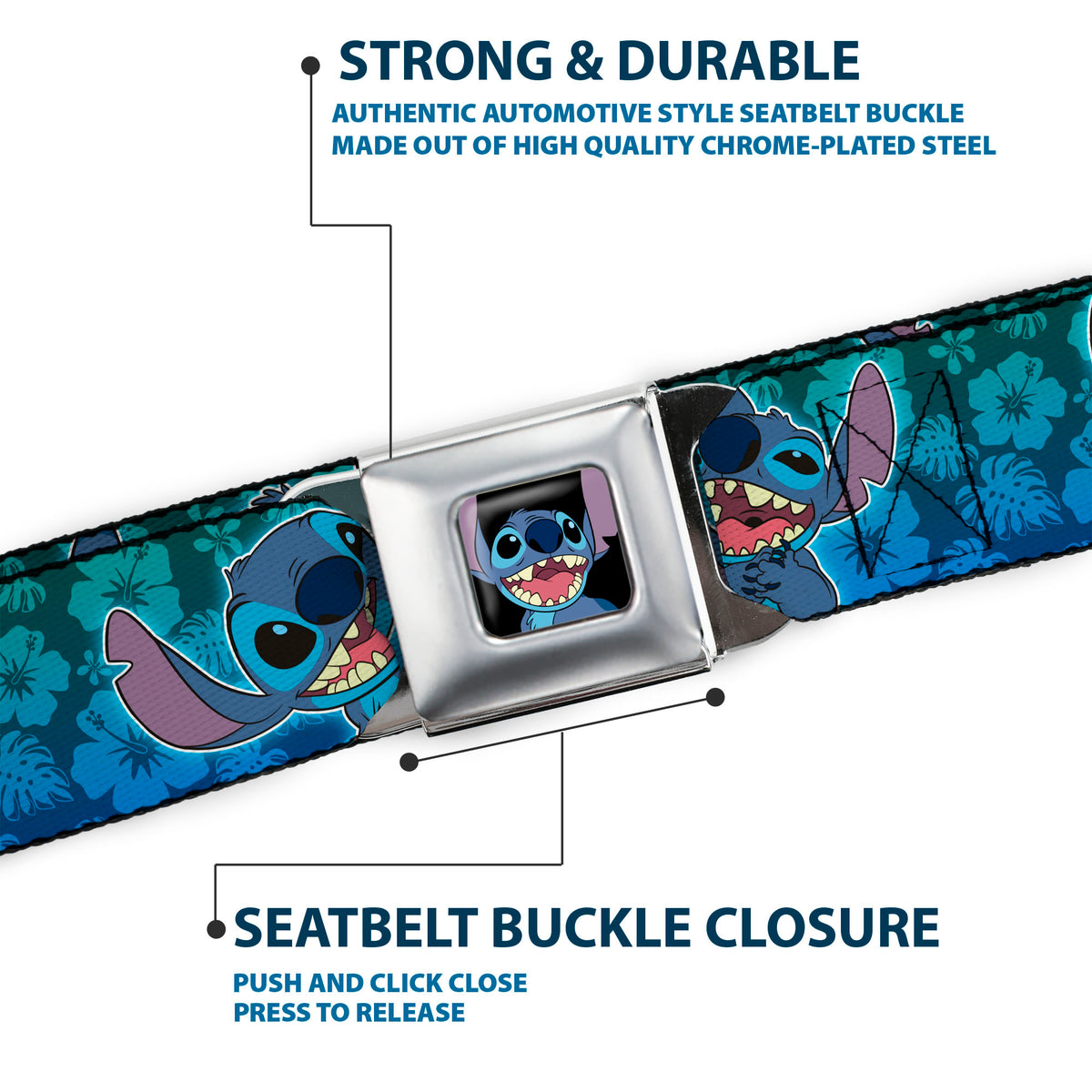 Stitch Smiling CLOSE-UP Full Color Seatbelt Belt - Stitch Expressions/Hibiscus Collage Green-Blue Fade Webbing Seatbelt Belts Disney