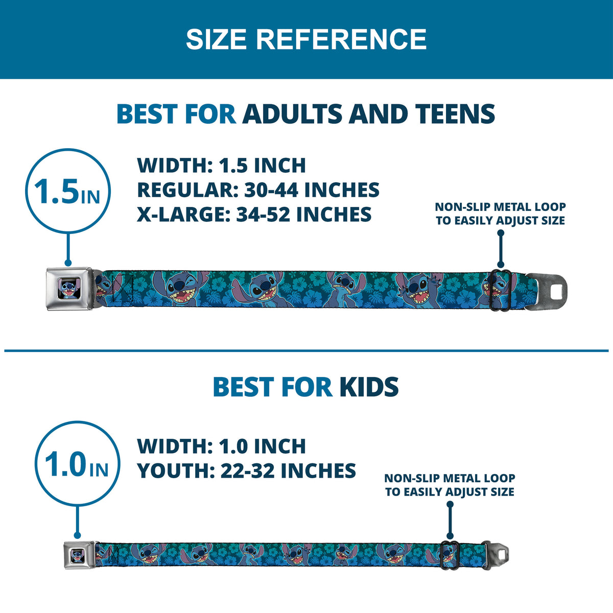 Stitch Smiling CLOSE-UP Full Color Seatbelt Belt - Stitch Expressions/Hibiscus Collage Green-Blue Fade Webbing Seatbelt Belts Disney
