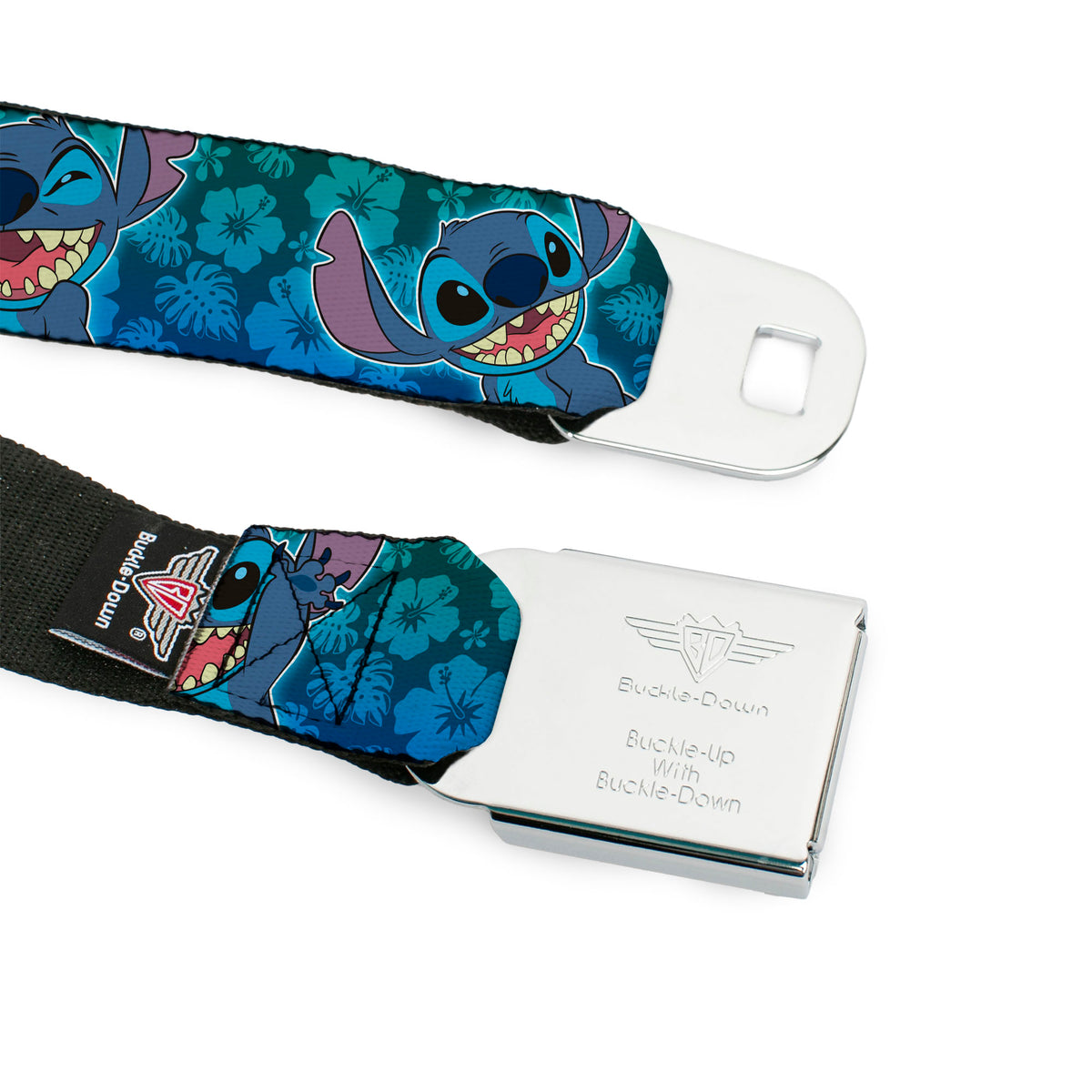 Stitch Smiling CLOSE-UP Full Color Seatbelt Belt - Stitch Expressions/Hibiscus Collage Green-Blue Fade Webbing Seatbelt Belts Disney