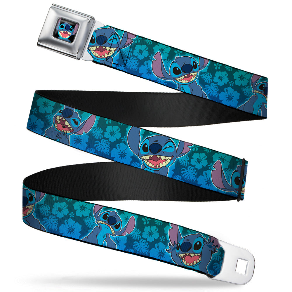 Stitch Smiling CLOSE-UP Full Color Black Seatbelt Belt - Stitch Expressions/Hibiscus Collage Green-Blue Fade Webbing Seatbelt Belts Disney