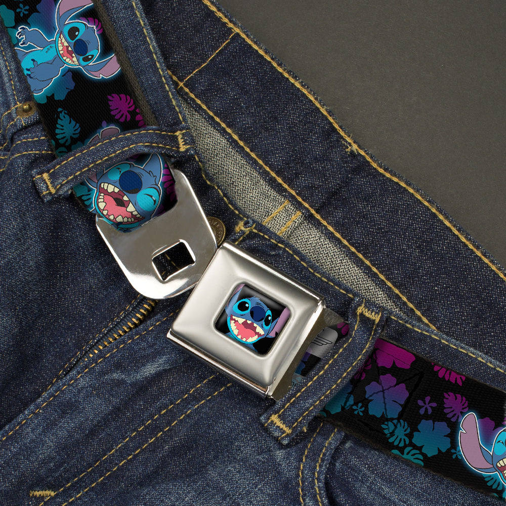 Stitch Smiling CLOSE-UP Full Color Black Seatbelt Belt - Stitch 2-Expressions/2-Poses Tropical Flora Black/Purple-Blue Fade Webbing Seatbelt Belts Disney