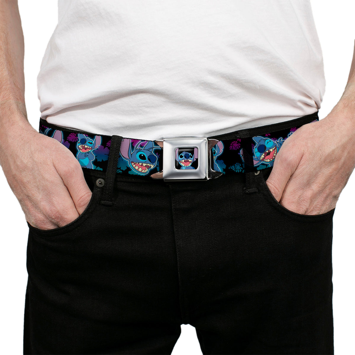 Stitch Smiling CLOSE-UP Full Color Black Seatbelt Belt - Stitch 2-Expressions/2-Poses Tropical Flora Black/Purple-Blue Fade Webbing Seatbelt Belts Disney