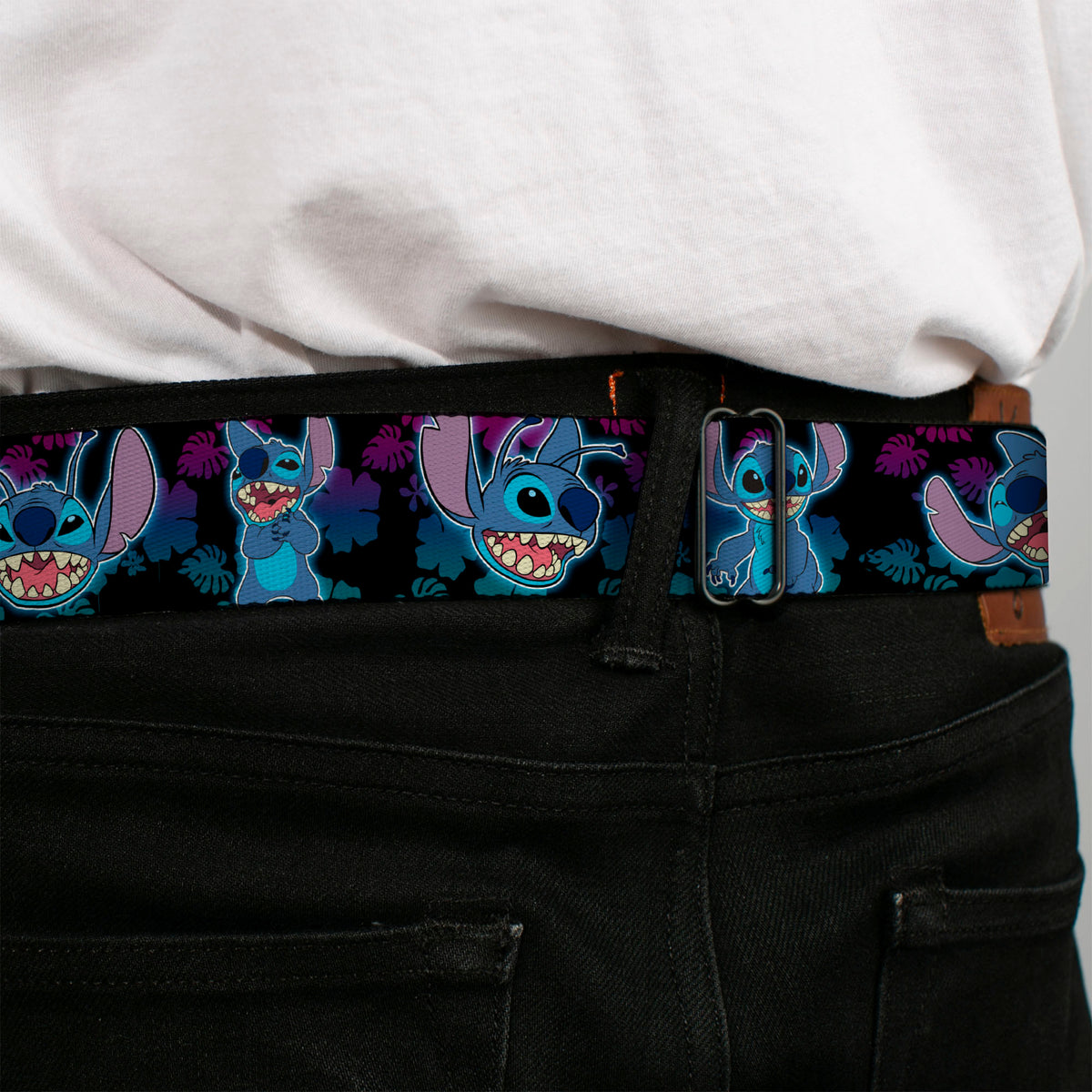 Stitch Smiling CLOSE-UP Full Color Black Seatbelt Belt - Stitch 2-Expressions/2-Poses Tropical Flora Black/Purple-Blue Fade Webbing Seatbelt Belts Disney