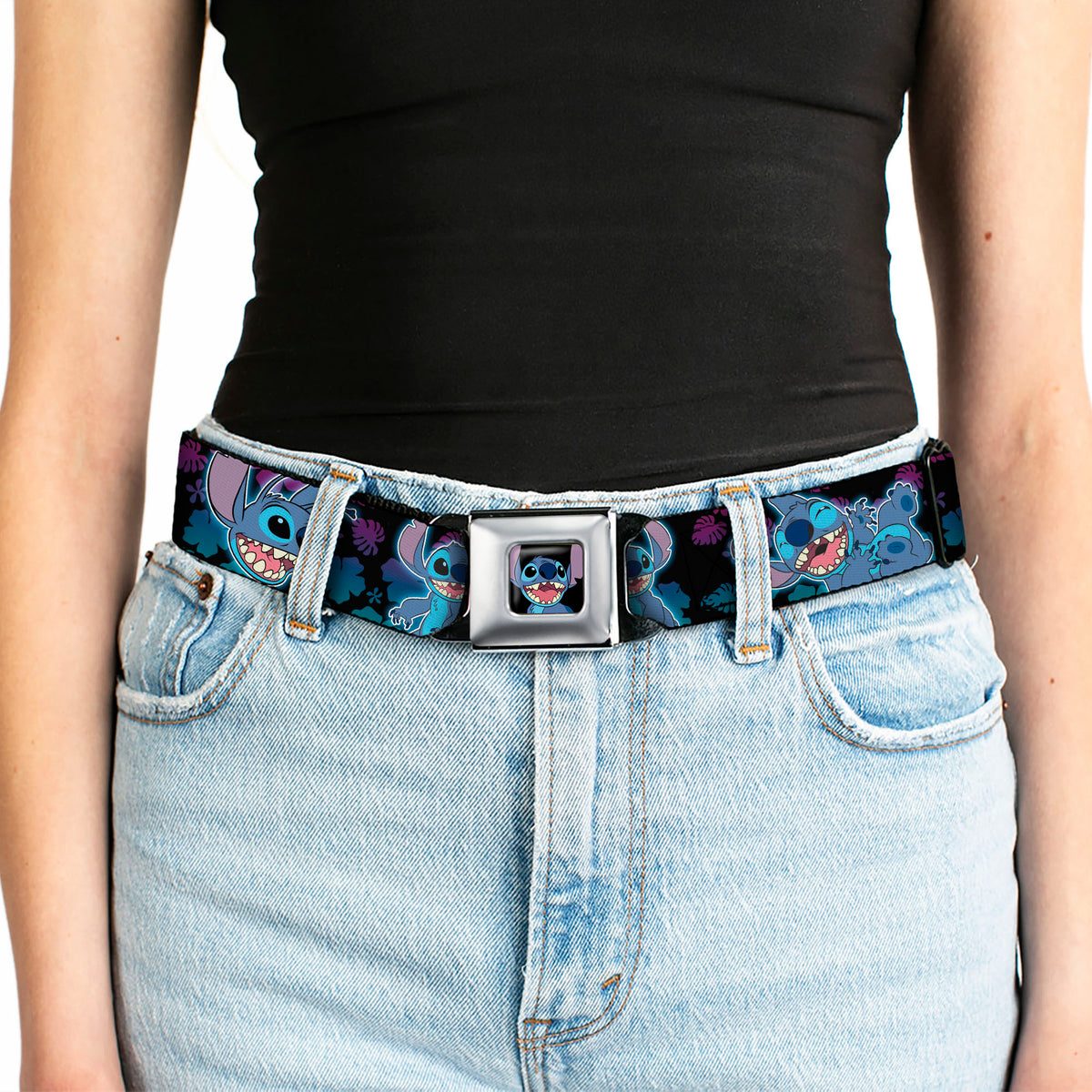 Stitch Smiling CLOSE-UP Full Color Seatbelt Belt - Stitch 2-Expressions/2-Poses Tropical Flora Black/Purple-Blue Fade Webbing Seatbelt Belts Disney