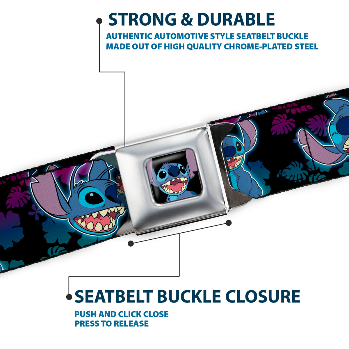 Stitch Smiling CLOSE-UP Full Color Black Seatbelt Belt - Stitch 2-Expressions/2-Poses Tropical Flora Black/Purple-Blue Fade Webbing Seatbelt Belts Disney