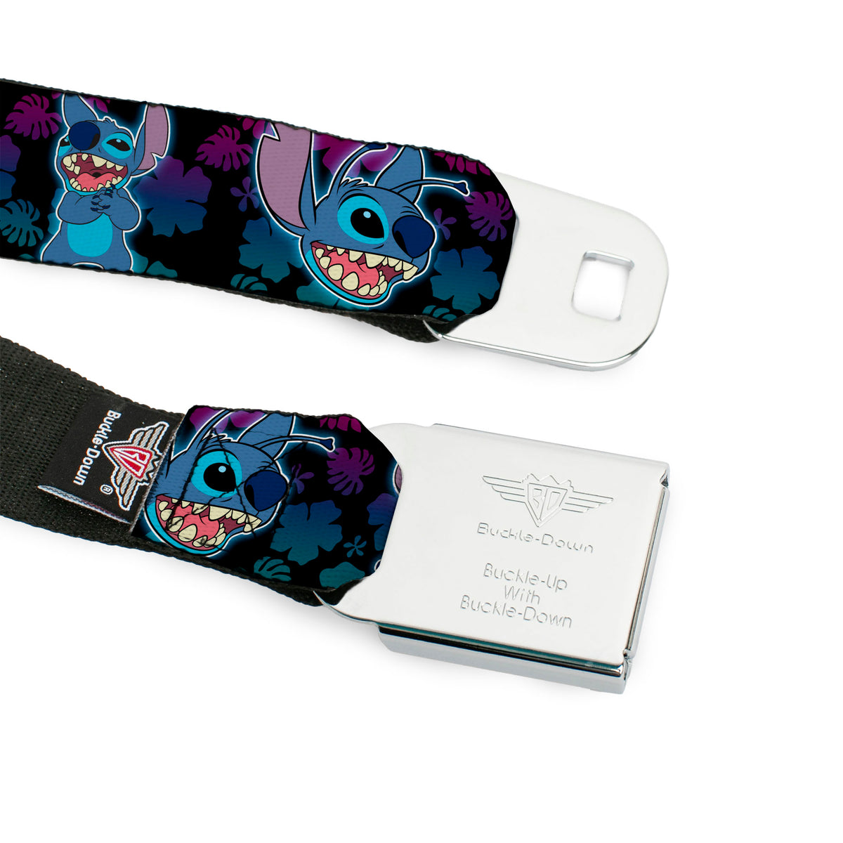 Stitch Smiling CLOSE-UP Full Color Black Seatbelt Belt - Stitch 2-Expressions/2-Poses Tropical Flora Black/Purple-Blue Fade Webbing Seatbelt Belts Disney