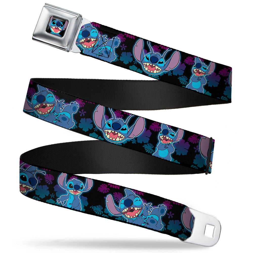 Stitch Smiling CLOSE-UP Full Color Black Seatbelt Belt - Stitch 2-Expressions/2-Poses Tropical Flora Black/Purple-Blue Fade Webbing Seatbelt Belts Disney
