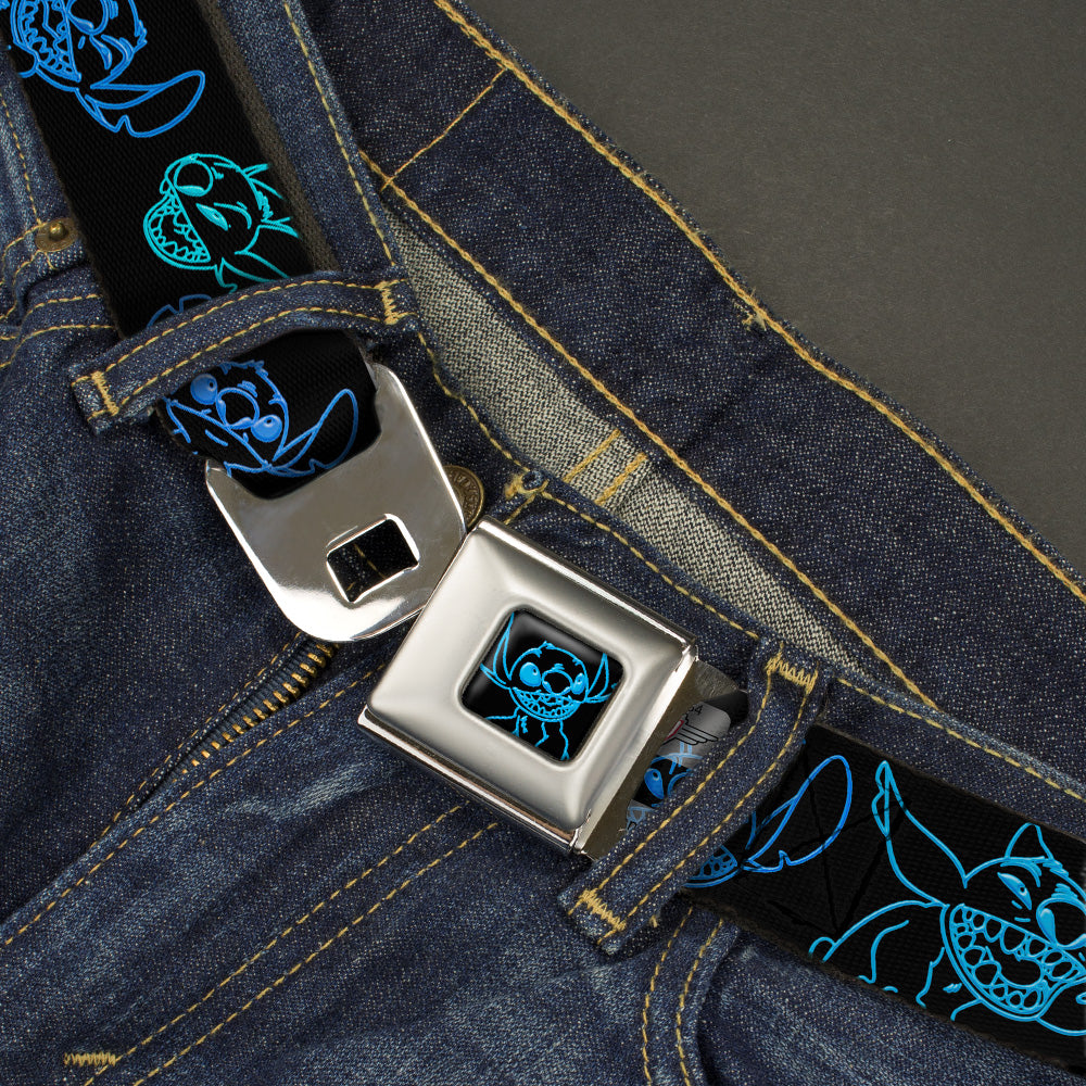 Stitch Pose Full Color Black/Neon Blue Seatbelt Belt - Electric Stitch Poses Black/Neon Blue Webbing Seatbelt Belts Disney