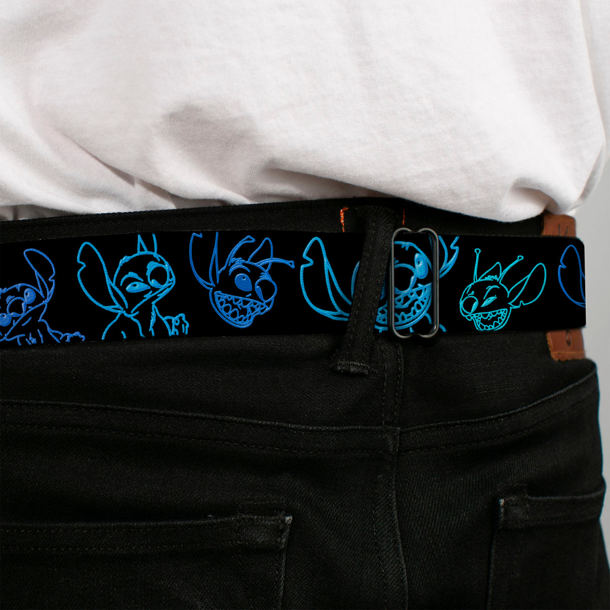 Stitch Pose Full Color Black/Neon Blue Seatbelt Belt - Electric Stitch Poses Black/Neon Blue Webbing Seatbelt Belts Disney