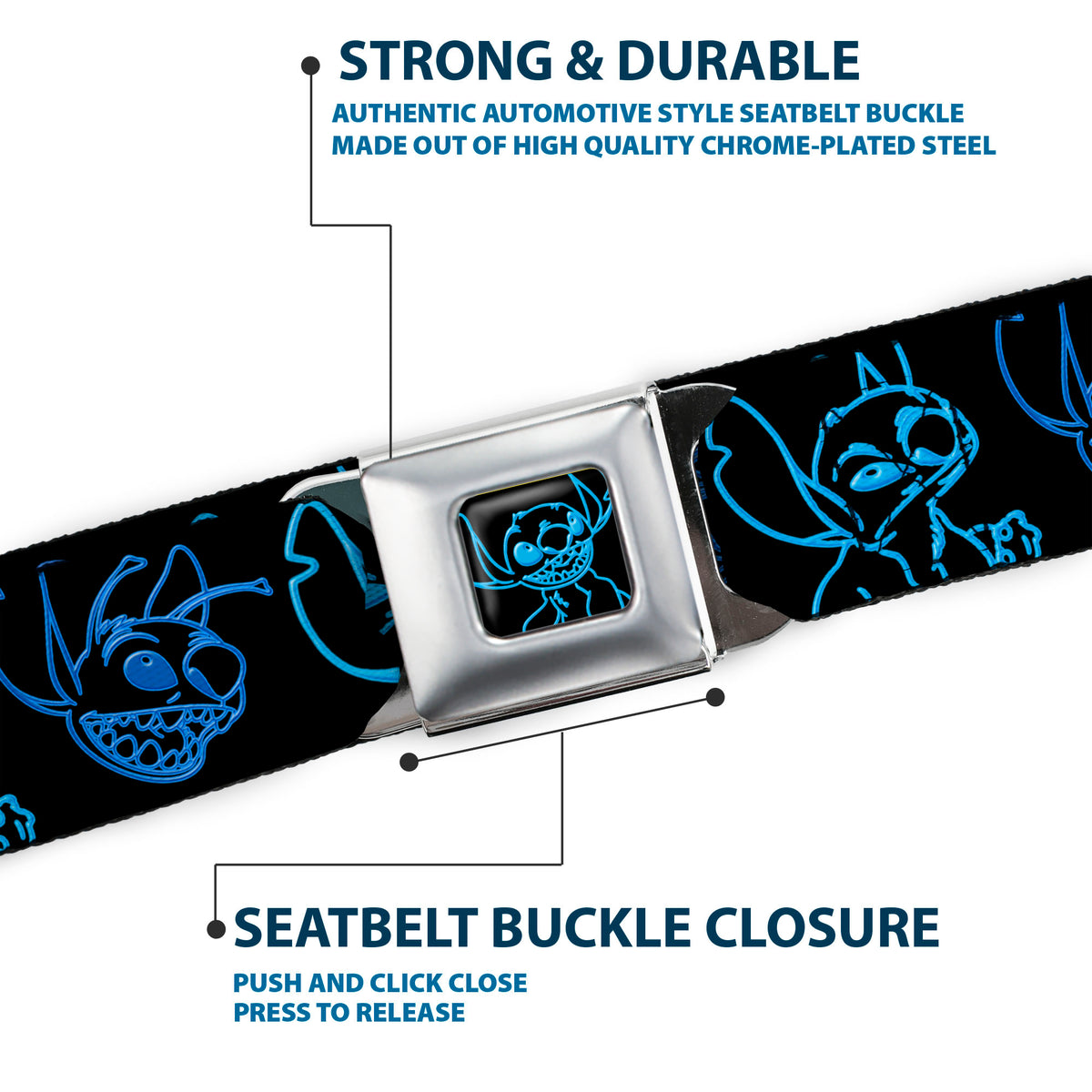 Stitch Pose Full Color Black/Neon Blue Seatbelt Belt - Electric Stitch Poses Black/Neon Blue Webbing Seatbelt Belts Disney