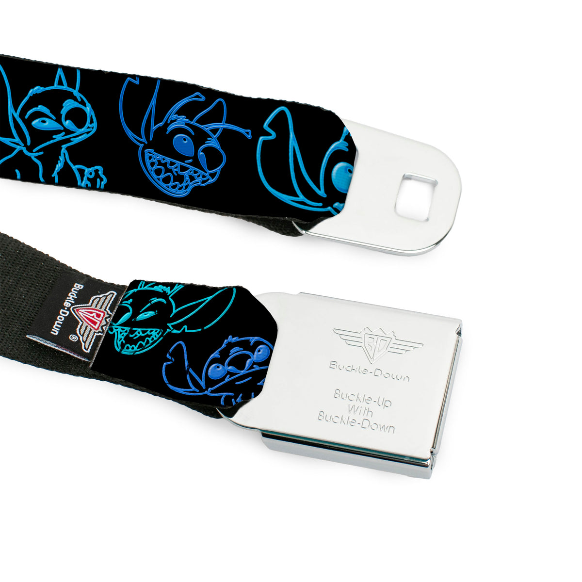 Stitch Pose Full Color Black/Neon Blue Seatbelt Belt - Electric Stitch Poses Black/Neon Blue Webbing Seatbelt Belts Disney