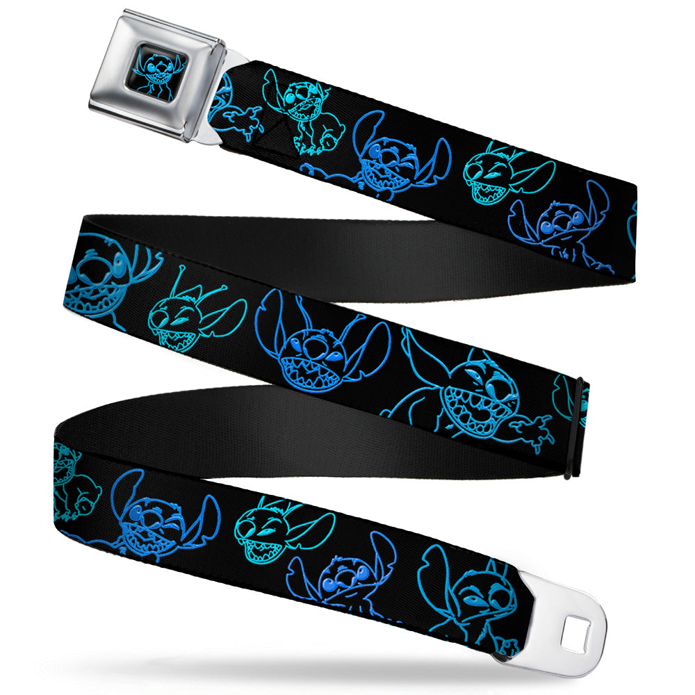 Stitch Pose Full Color Black/Neon Blue Seatbelt Belt - Electric Stitch Poses Black/Neon Blue Webbing Seatbelt Belts Disney