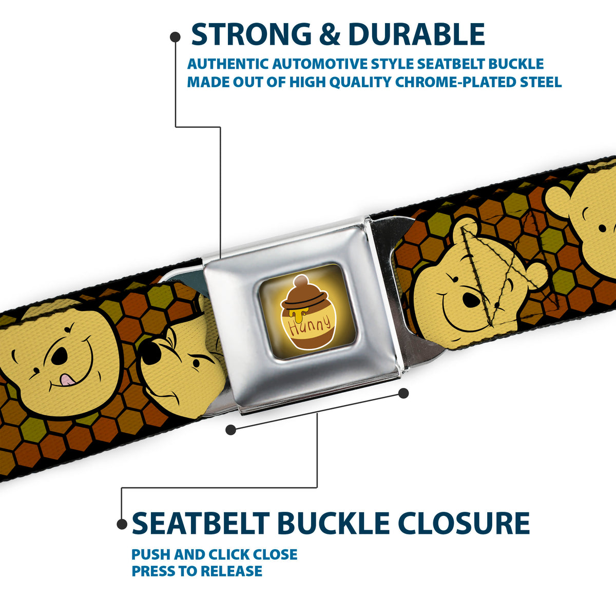 HUNNY Pot Full Color Black/Browns Seatbelt Belt - Winnie the Pooh Expressions/Honeycomb Black/Browns Webbing Seatbelt Belts Disney