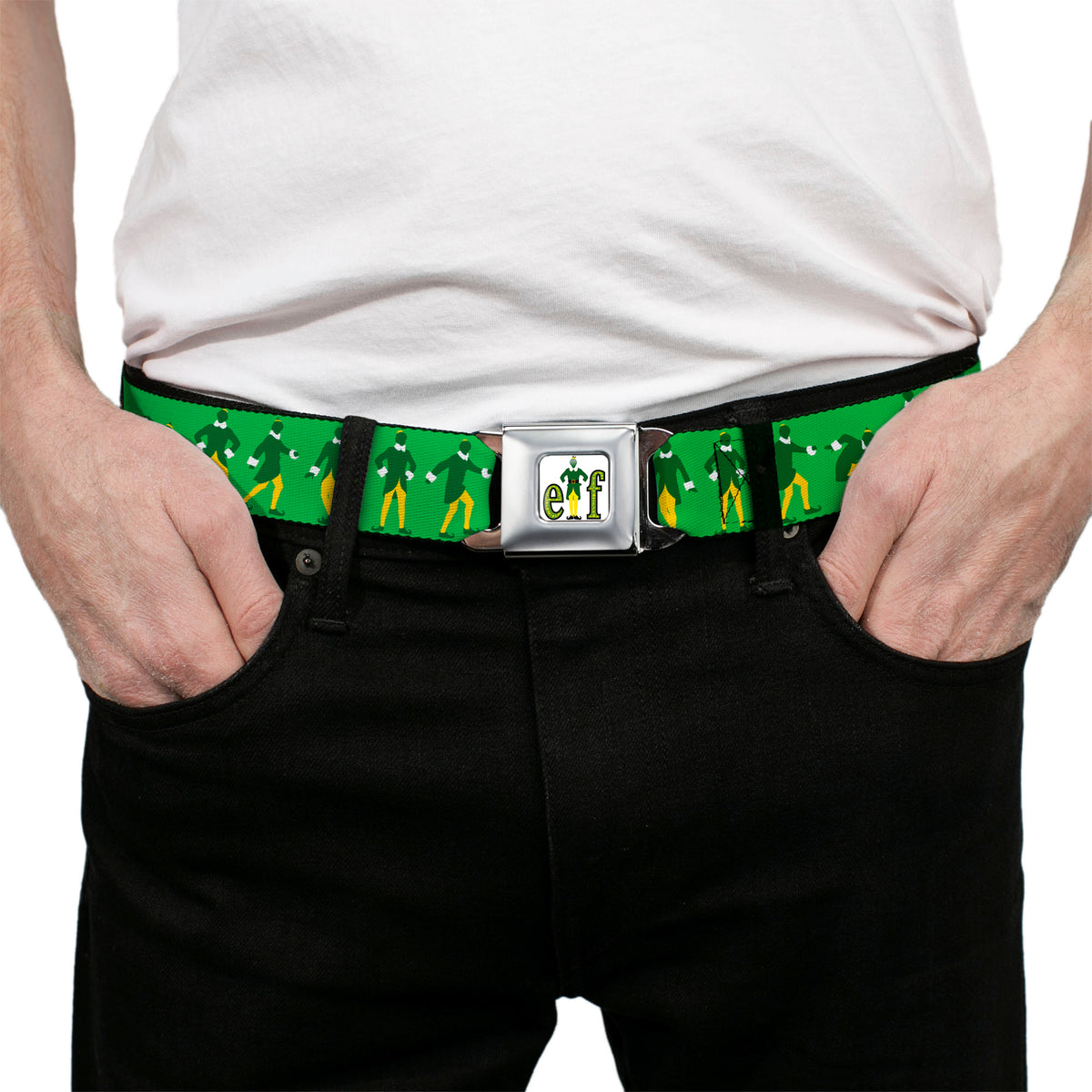 ELF Buddy the Elf Logo Full Color White/Greens/Yellow Seatbelt Belt - Elf Buddy the Elf Silhouette Poses Greens/White/Yellow Webbing Seatbelt Belts Elf