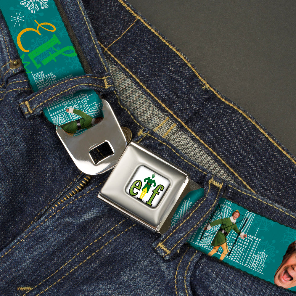 ELF Buddy the Elf Logo Full Color White/Greens/Yellow Seatbelt Belt - Elf Buddy the Elf Poses and Quotes Collage Blue/Green/White Webbing Seatbelt Belts Elf