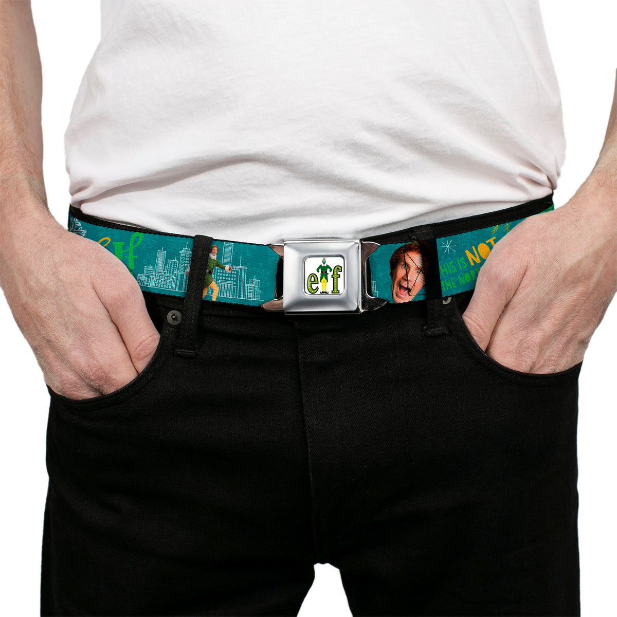 ELF Buddy the Elf Logo Full Color White/Greens/Yellow Seatbelt Belt - Elf Buddy the Elf Poses and Quotes Collage Blue/Green/White Webbing Seatbelt Belts Elf