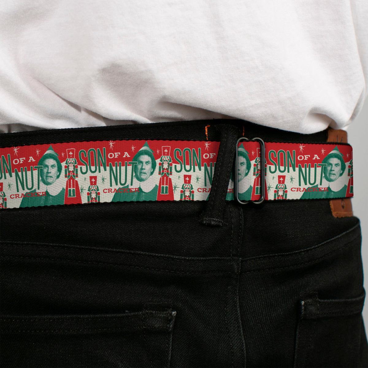 ELF Buddy Silhouette Title Logo Full Color Black/Greens Seatbelt Belt - Buddy the Elf SON OF A NUTCRACKER Pose Red/White/Green Webbing Seatbelt Belts Elf