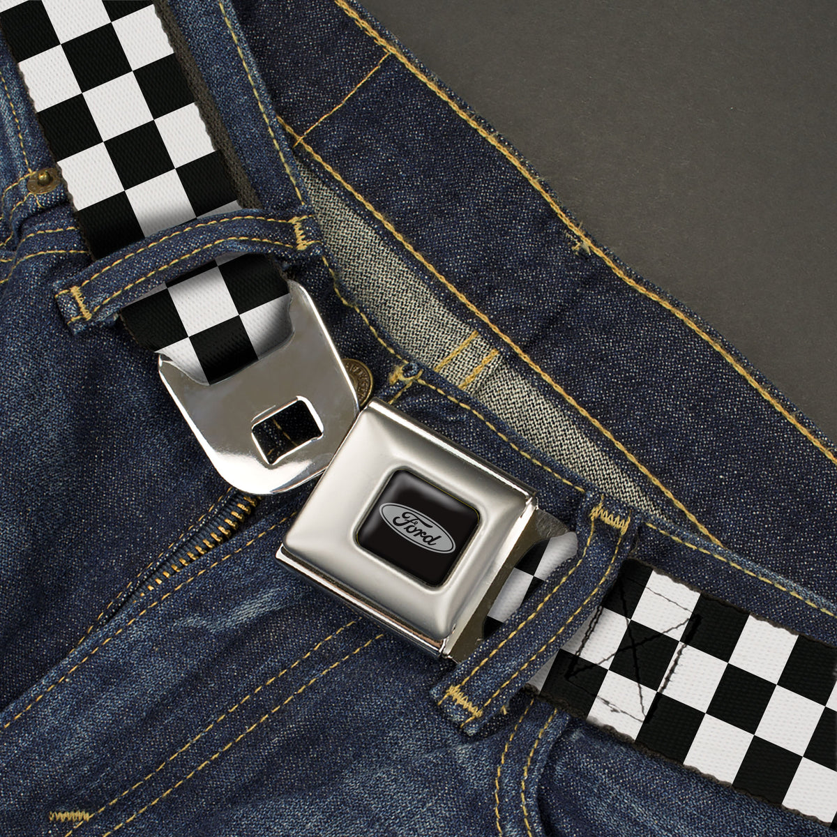 Ford Emblem Seatbelt Belt - Checker Black/White Webbing Seatbelt Belts Ford