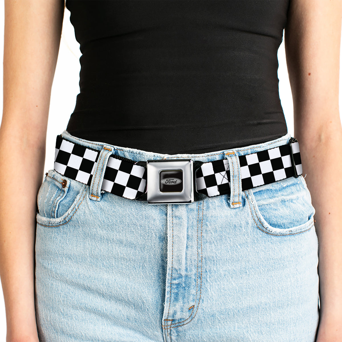 Ford Emblem Seatbelt Belt - Checker Black/White Webbing Seatbelt Belts Ford