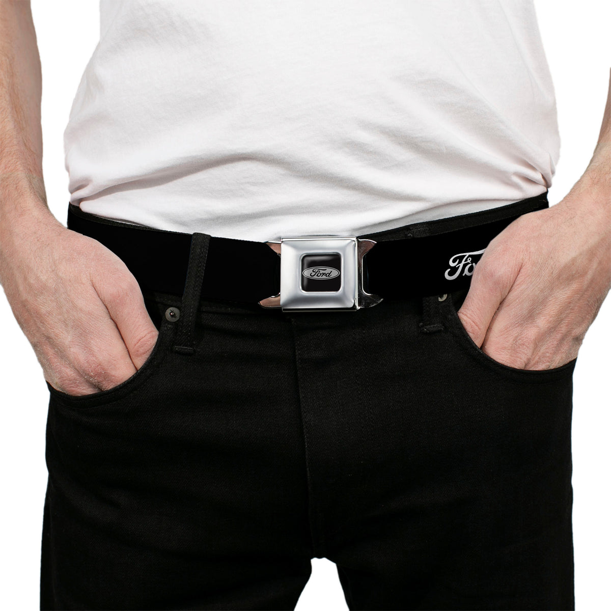 Ford Emblem Seatbelt Belt - FORD Script Single Black/White Webbing Seatbelt Belts Ford