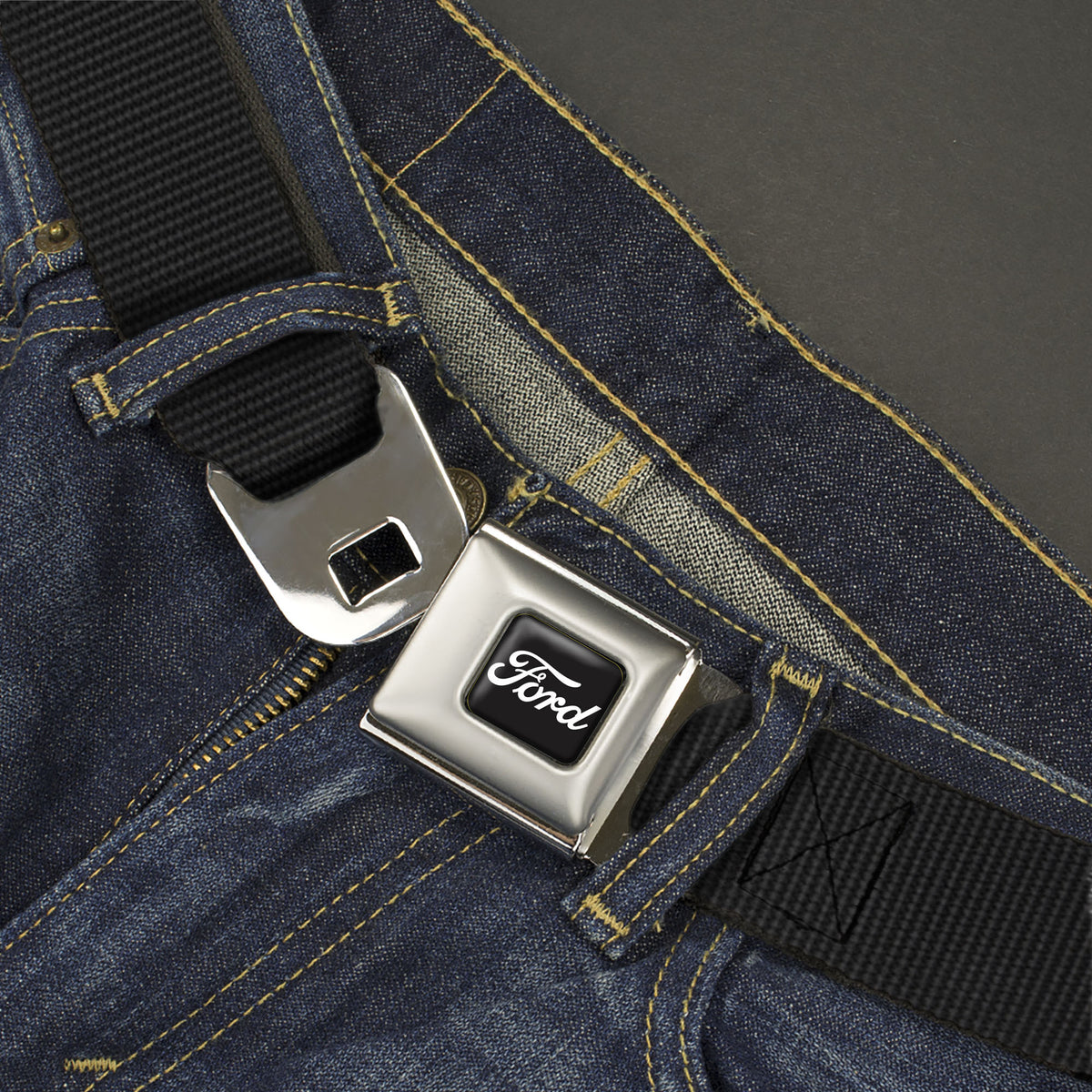 FORD Script Full Color Black/White Seatbelt Belt - Black Webbing Seatbelt Belts Ford