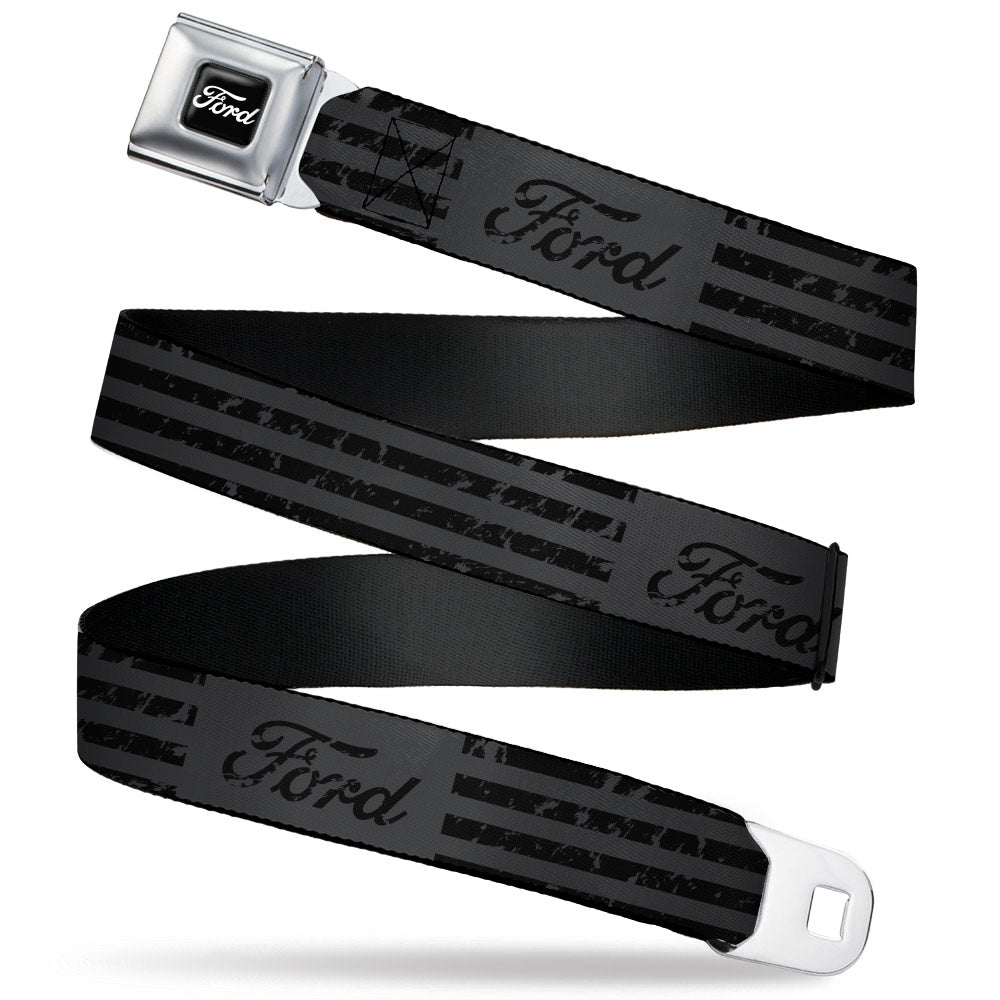 FORD Script Full Color Black/White Seatbelt Belt - FORD Script Stripe Blocks Weathered Gray/Black Webbing Seatbelt Belts Ford