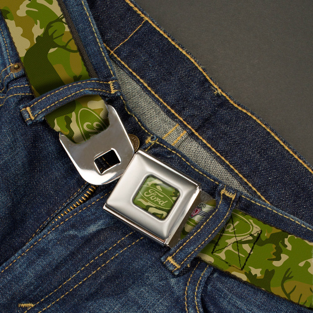 FORD Oval Full Color Deer Hunter Camo Olive Seatbelt Belt - FORD Deer Hunter Camo Olive Webbing Seatbelt Belts Ford