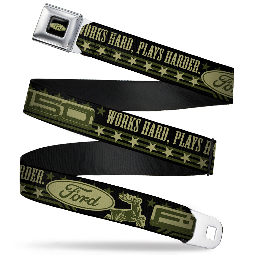 FORD Oval Full Color Black Tan Olive Seatbelt Belt - FORD F-150 WORKS HARD, PLAYS HARDER./Stars Black/Tan/Olive Webbing Seatbelt Belts Ford