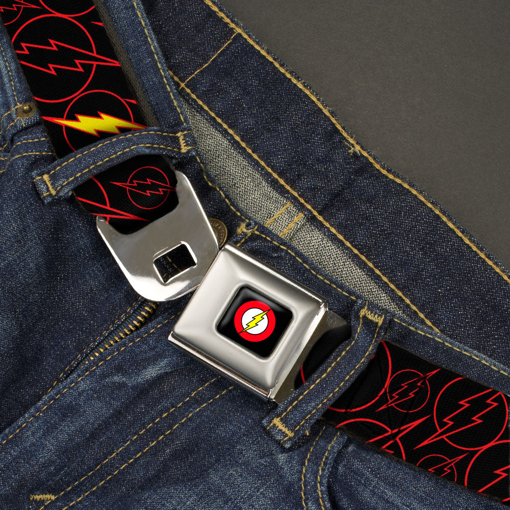 Flash Logo Full Color Black Seatbelt Belt - The Flash Logo13 Scattered Black/Red/Yellow Webbing Seatbelt Belts DC Comics