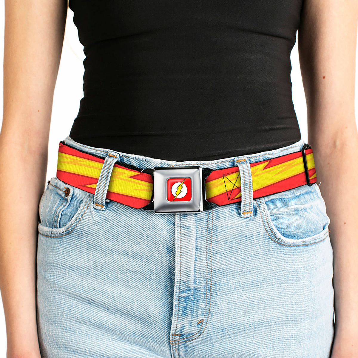 Flash Logo Full Color Red White Yellow Seatbelt Belt - The Flash Bolt Stripe Reds/Yellows Webbing Seatbelt Belts DC Comics