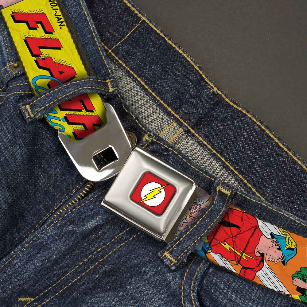 Flash Logo Full Color Red White Yellow Seatbelt Belt - Classic FLASH COMICS Issue #1 Introducing Flash Cover Pose Webbing Seatbelt Belts DC Comics