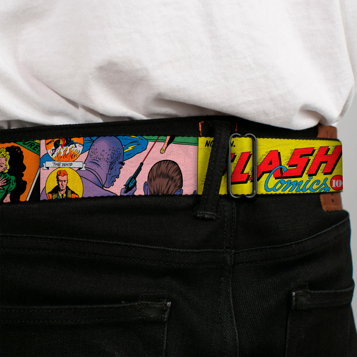 Flash Logo Full Color Red White Yellow Seatbelt Belt - Classic FLASH COMICS Issue #1 Introducing Flash Cover Pose Webbing Seatbelt Belts DC Comics