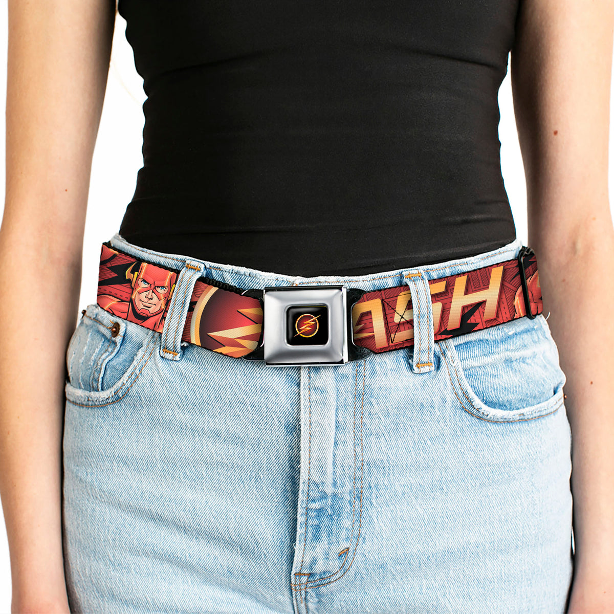 Flash Logo3 Full Color Black Gold Red Seatbelt Belt - THE FLASH/Logo3/Poses Black/Red/Gold Webbing Seatbelt Belts DC Comics