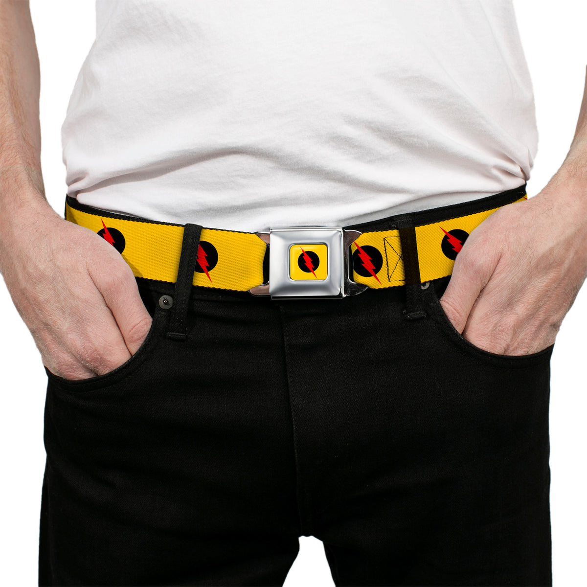 Reverse Flash Logo Full Color Golden Yellow Black Red Seatbelt Belt - Reverse Flash Logo Golden Yellow/Black/Red Webbing Seatbelt Belts DC Comics