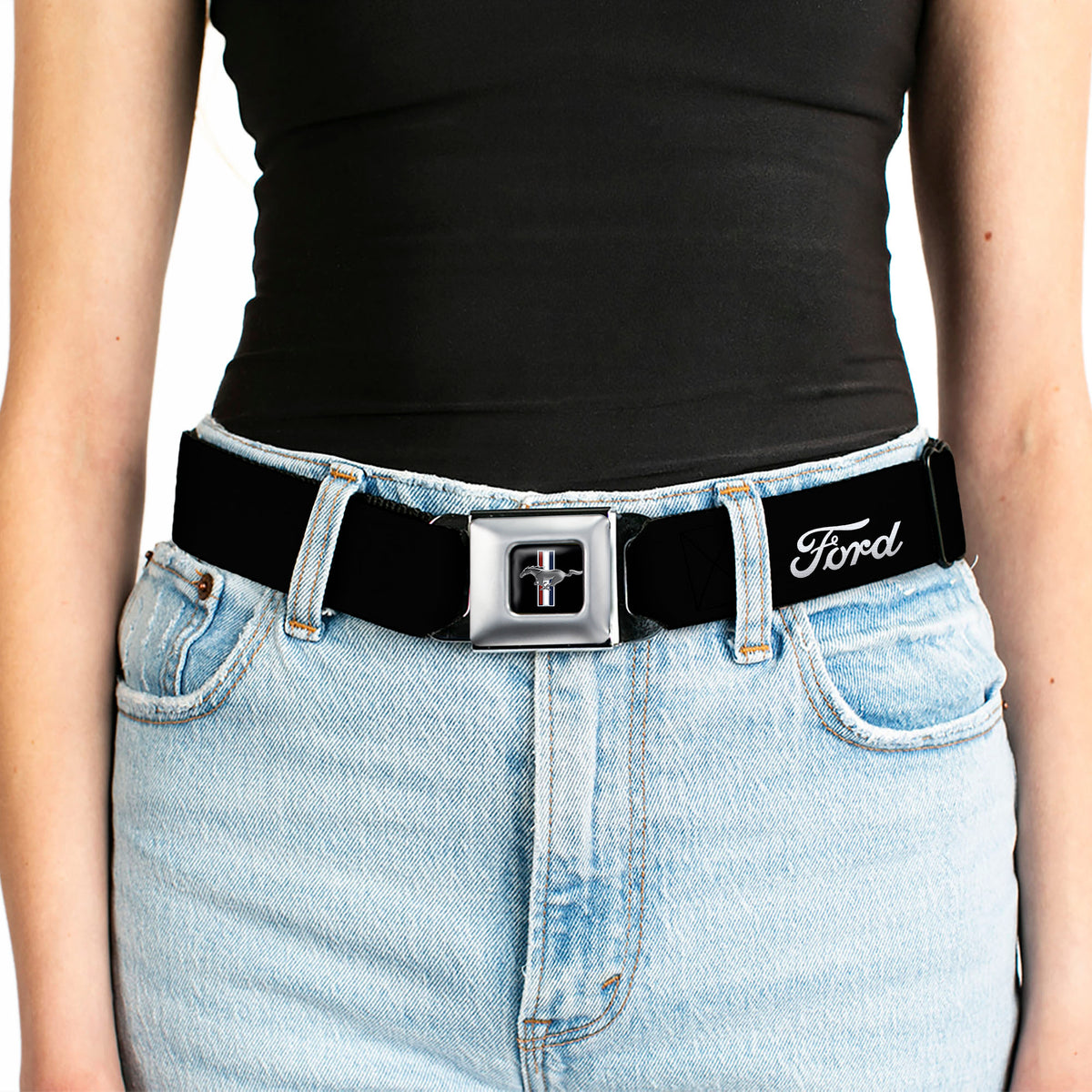 Ford Mustang Emblem Seatbelt Belt - FORD Script Single Black/White Webbing Seatbelt Belts Ford