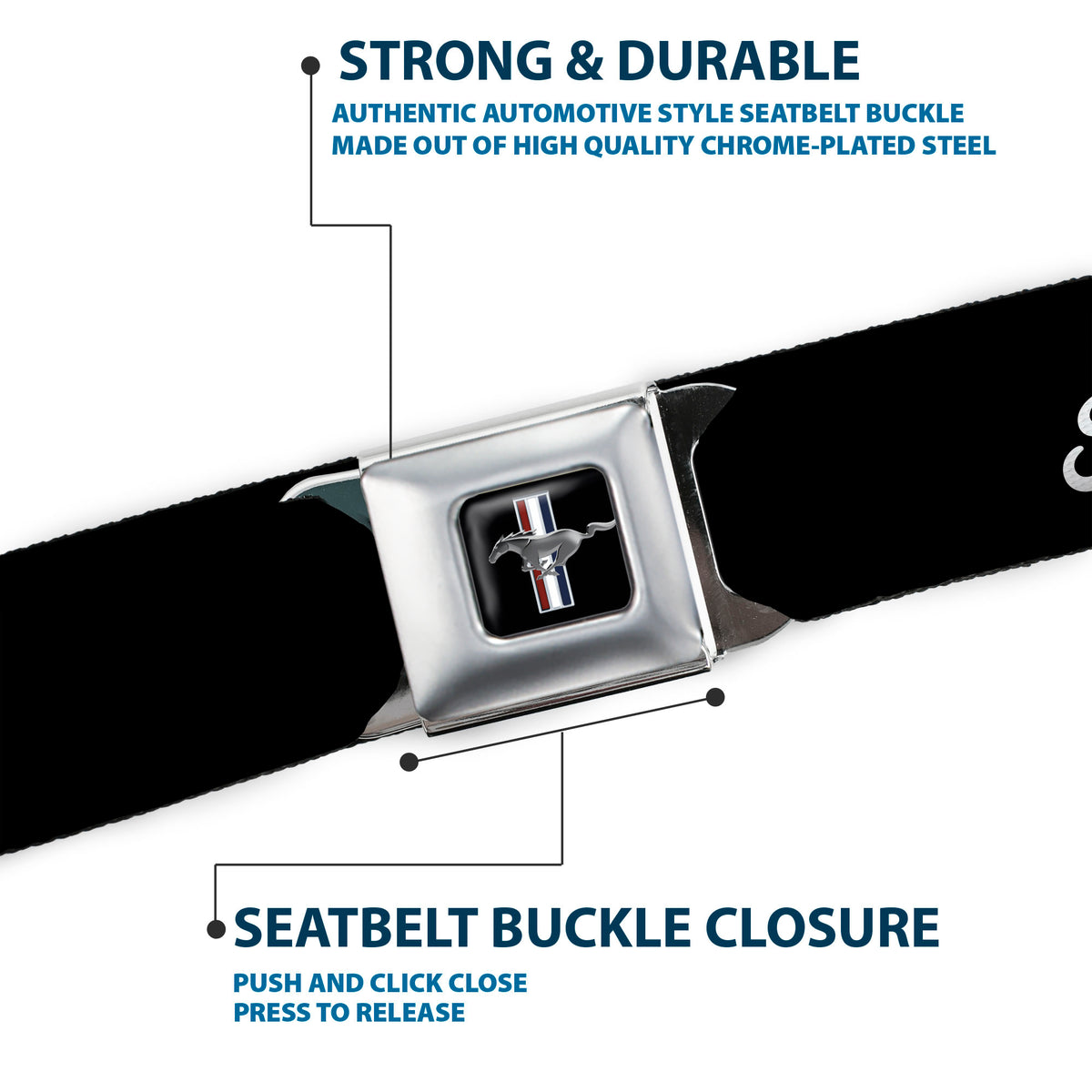 Ford Mustang Emblem Seatbelt Belt - FORD Script Single Black/White Webbing Seatbelt Belts Ford