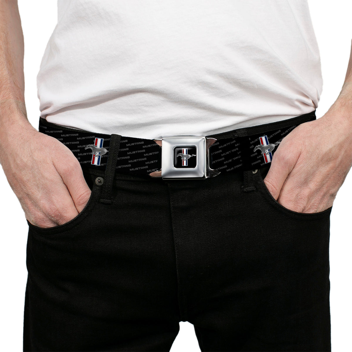 Ford Mustang Emblem Seatbelt Belt - Ford Mustang w/Bars REPEAT w/Text Webbing Seatbelt Belts Ford