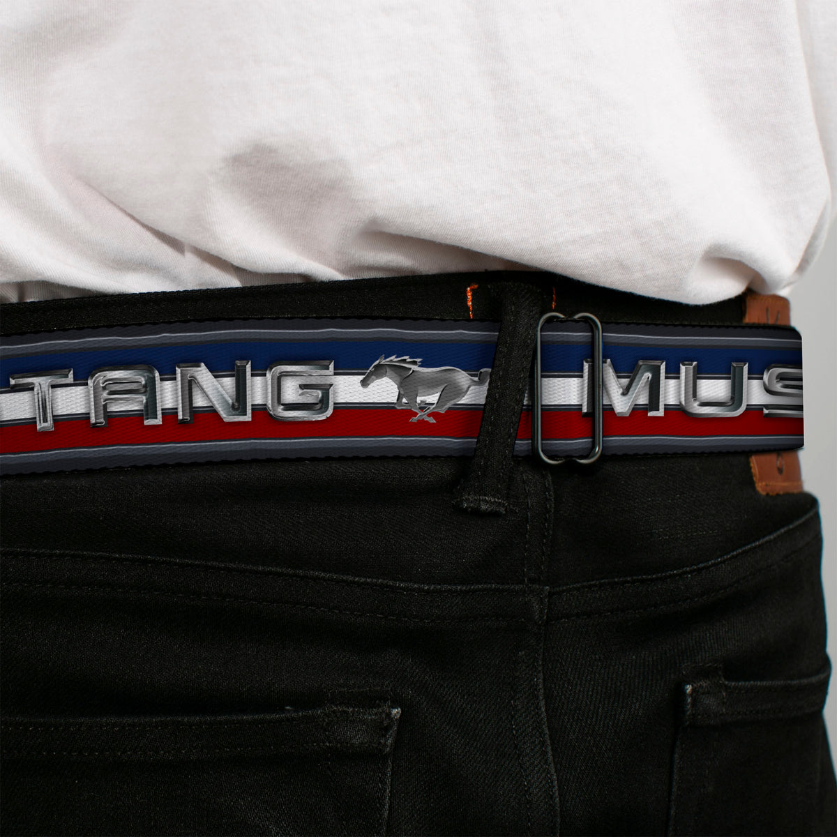 Ford Mustang Emblem Seatbelt Belt - Mustang/Text w/Tri-Bar Stripe Webbing Seatbelt Belts Ford