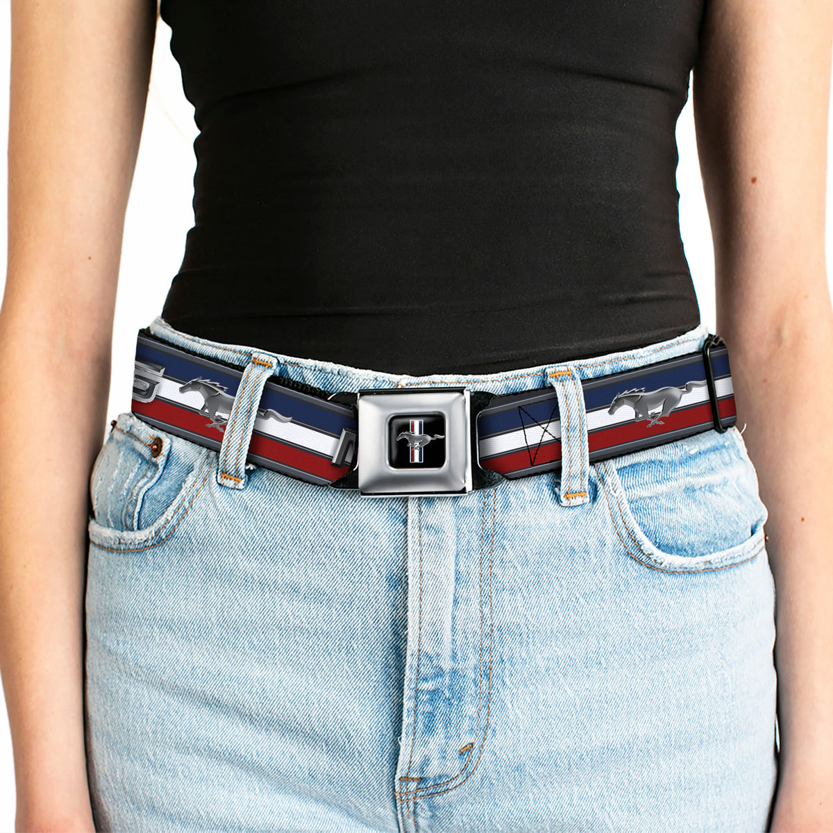 Ford Mustang Emblem Seatbelt Belt - Mustang/Text w/Tri-Bar Stripe Webbing Seatbelt Belts Ford