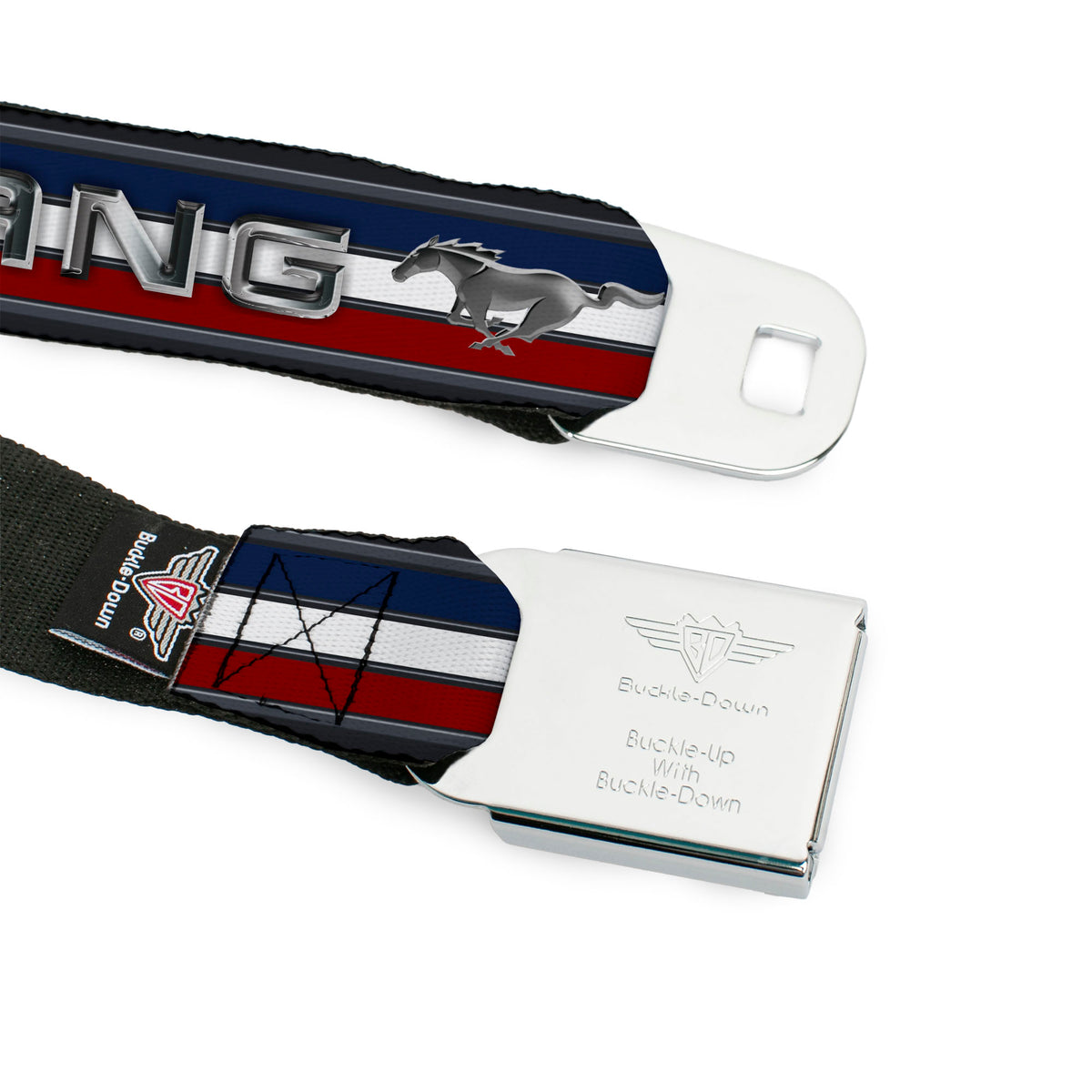 Ford Mustang Emblem Seatbelt Belt - Mustang/Text w/Tri-Bar Stripe Webbing Seatbelt Belts Ford