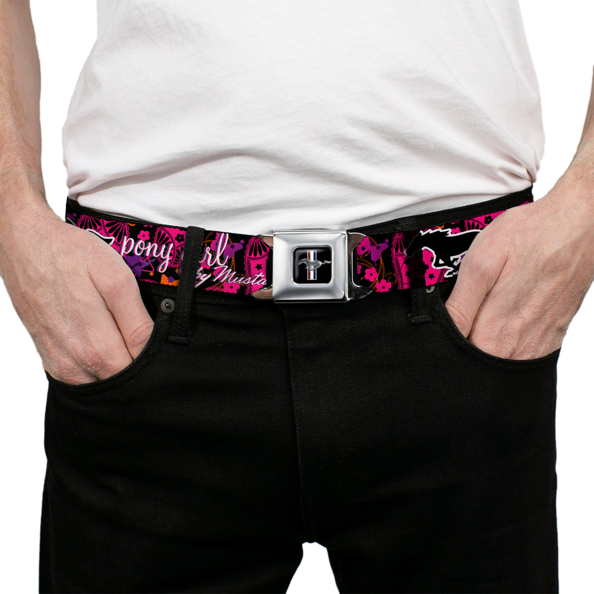 Ford Mustang Emblem Seatbelt Belt - Mustang PONY GIRL/Floral Collage Black/Pinks/White Webbing Seatbelt Belts Ford