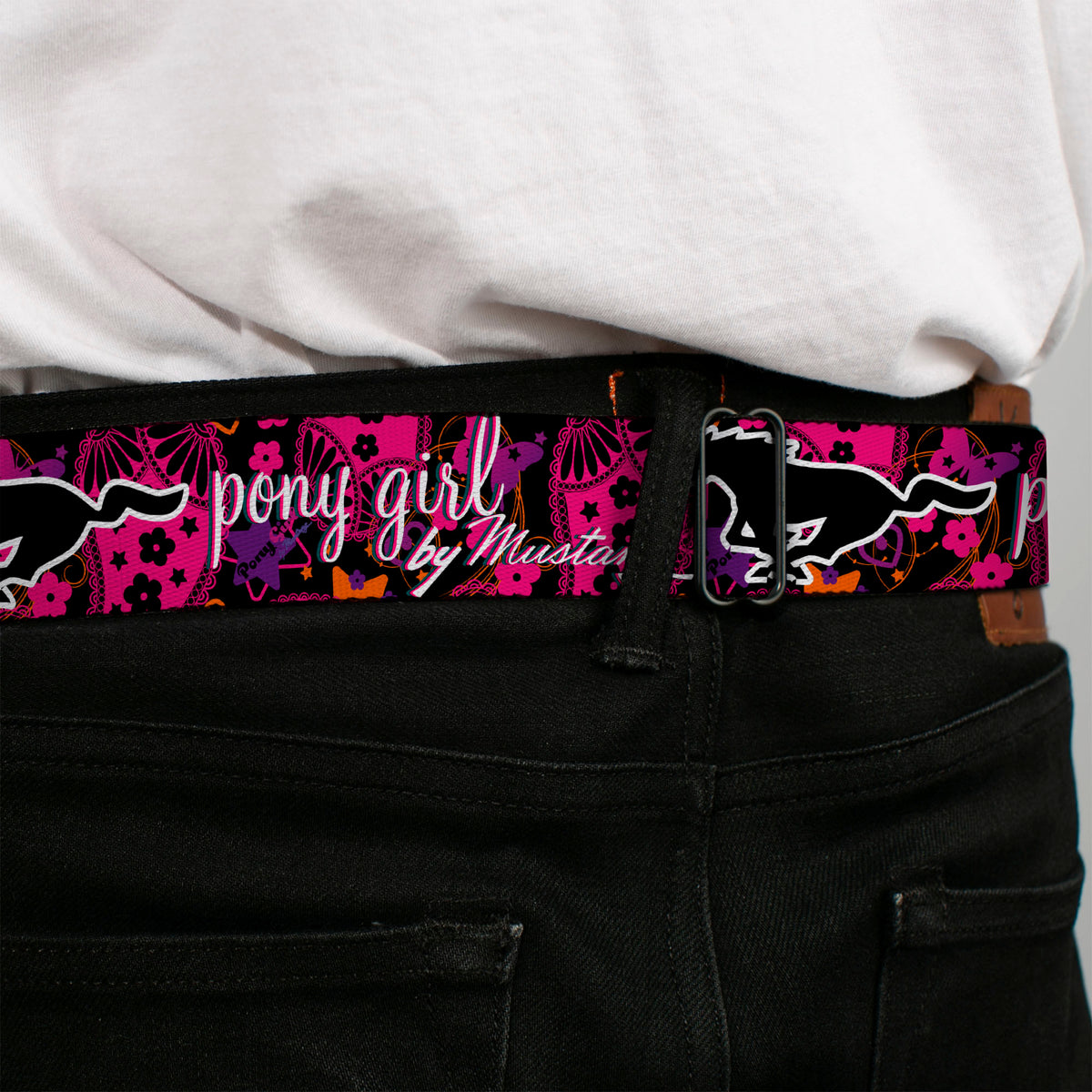 Ford Mustang Emblem Seatbelt Belt - Mustang PONY GIRL/Floral Collage Black/Pinks/White Webbing Seatbelt Belts Ford