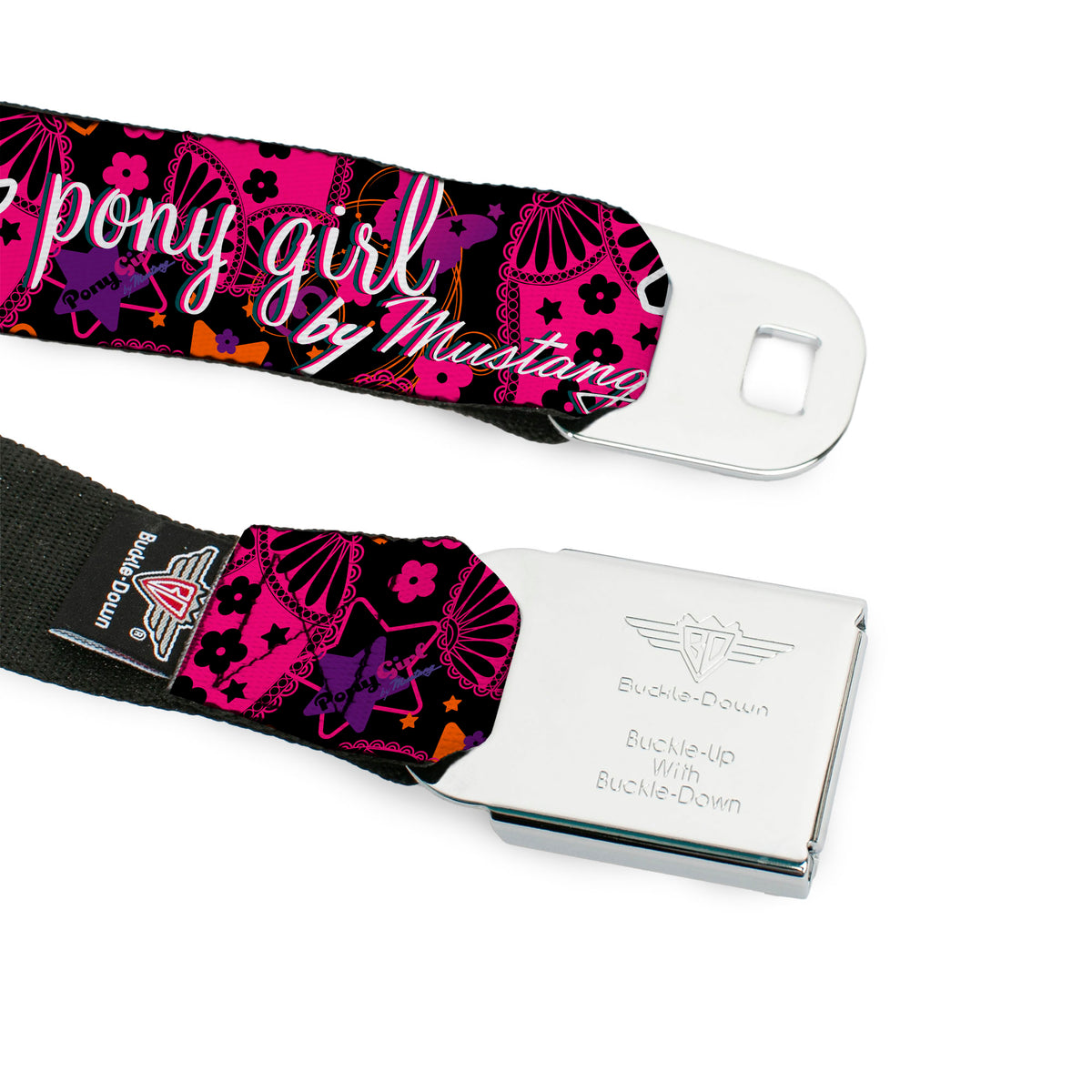 Ford Mustang Emblem Seatbelt Belt - Mustang PONY GIRL/Floral Collage Black/Pinks/White Webbing Seatbelt Belts Ford